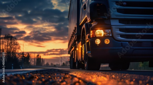 Dramatic sunset road scene captured with the close-up front view of a semi-truck's bright headlights and grill © Matthew