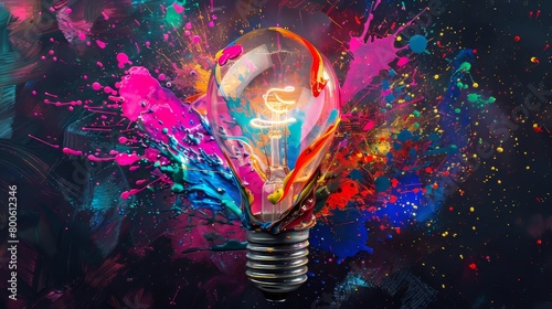 Explore a burst of creativity as a light bulb explodes with colorful paint and splashes against a black background. This concept embodies thinking differently and creative ideas. photo