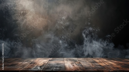 Misty empty room with wooden table and dark wall with smoke effect background. Generated AI image photo