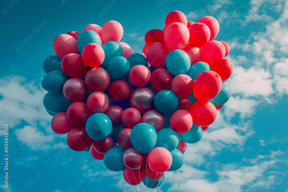 Balloons of different sizes arranged in a heart shape, spreading love and joy in the air.