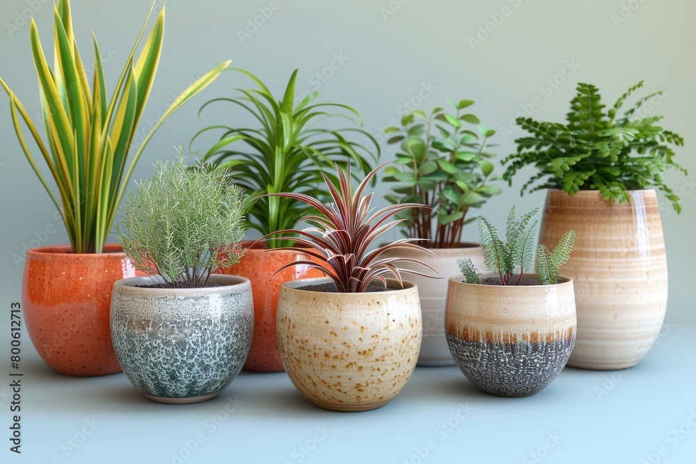 Fototapeta premium Ceramic flowerpots designed with a modern sensibility, accentuated by a thoughtfully chosen background for a refined display.