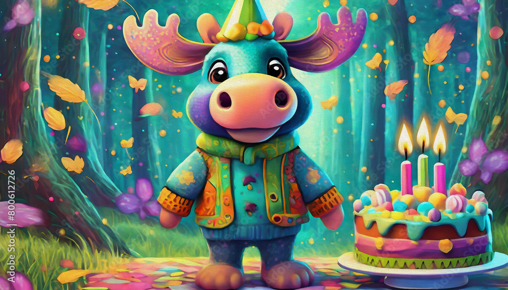 Fototapeta premium oil painting style cartoon character Pattern of multicolored happy baby Moose, with birthday cake