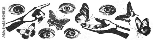 Eyes, butterflies and hands with monochrome vintage photocopy effect, y2k collage design. Stipple halftone retro design elements. Vector illustration for grunge punk surreal poster