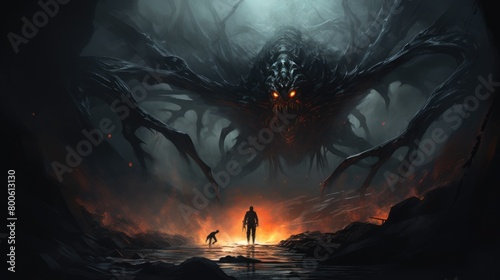 a illustration giant monster spider is confronting someone in the dark #800613130