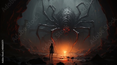 a picture giant monster spider is confronting someone in the dark