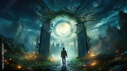 a illustration epic scene from a young adult fantasy. a 15 years old very handsome boy with a vintage steam punk look fleeing from a magic and mystical gate