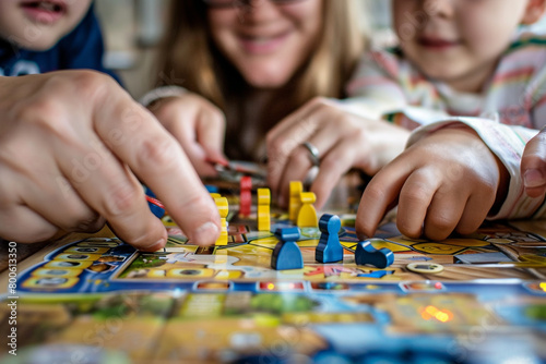 Close-up of a family playing board games at home, laughter and joy visible in their expressions © Tohamina