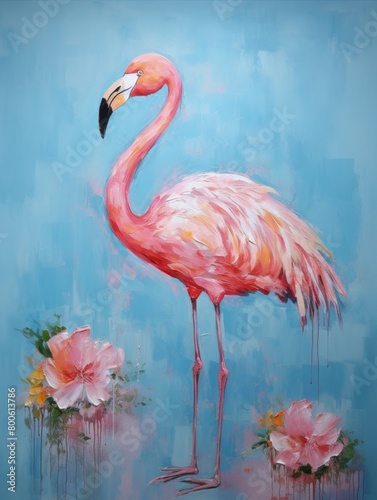 Pink flamingo with tropical flowers on blue background. Oil painting cute exotic illustration for print, poster, web design. Contemporary art style.  © Tiana_Geo