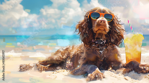 American Water Spaniel Laying on the Beach, Wearing Sunglasses, and Relishing the Summer Vacation Atmosphere photo