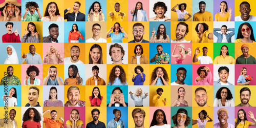 Colorful collection of smiling people's portraits on colorful background photo