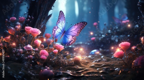 a image mossy magical Forest iridescent roses glowing Butterflies, aurora, intricate details © positfid