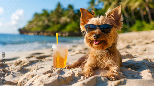 Australian Terrier Dog Enjoying a Sunny Beach Day, Wearing Sunglasses and Laying on the Sand for Summer Vacations © Dawid