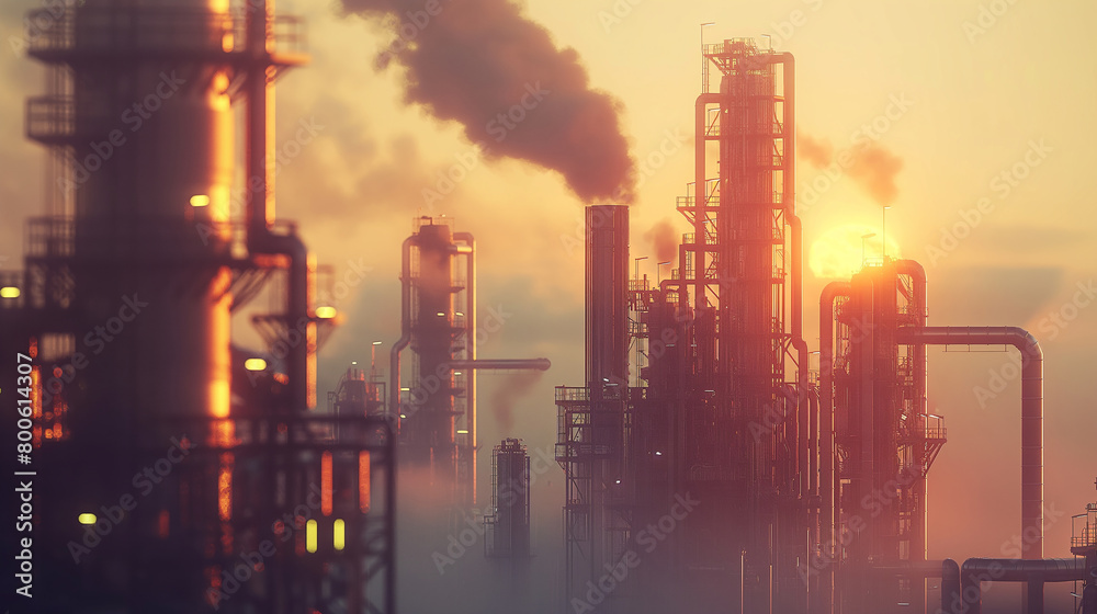 Obraz premium Smoke Rises From Stacks At An Industrial Refinery As The Sun Rises, Highlighting Environmental Impact