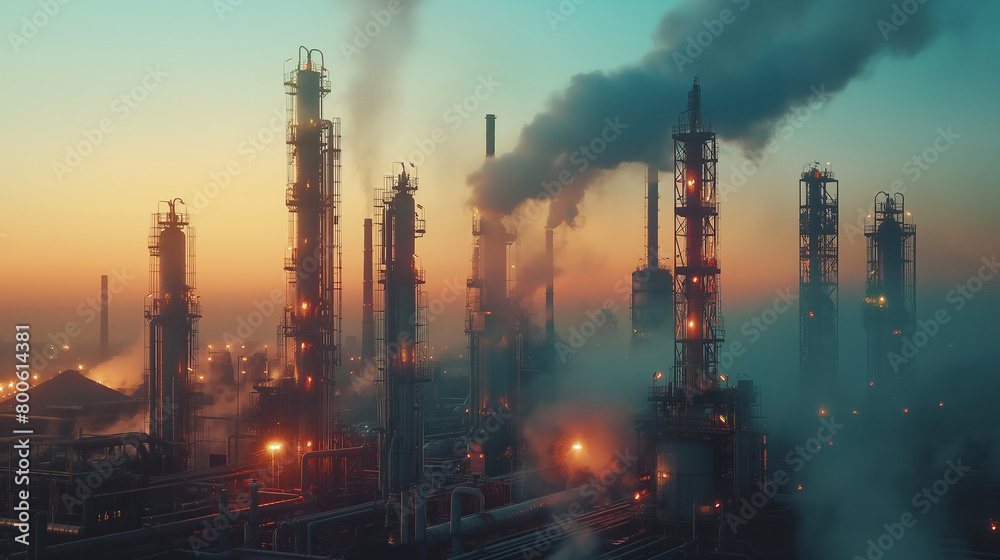 Fototapeta premium An Industrial Refinery Operates At Dusk, Emissions Filling The Sky With A Warm Glow