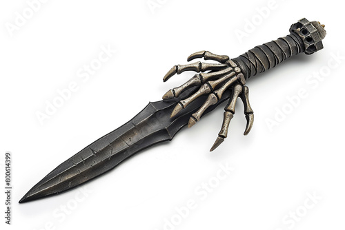 Grim reaper-inspired battle dagger with a skeletal motif, featuring a blackened blade and a hilt shaped like a bony hand isolated on solid white background.