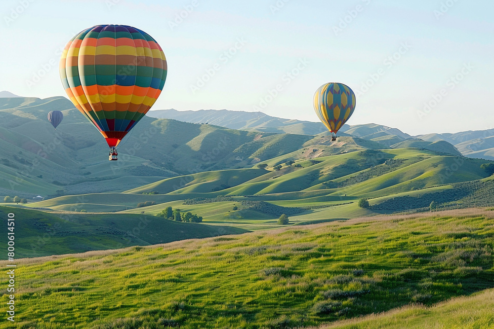 Obraz premium Balloons gently rising against a backdrop of rolling hills.