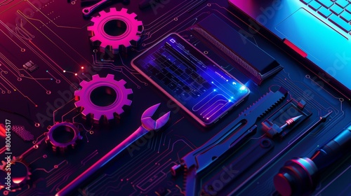 Embark on a futuristic tech repair journey featuring a laptop, smartphone, and tools. Vibrant digital UI/UX interfaces span across devices, accompanied by floating wrenches and gears, symbolizing tech