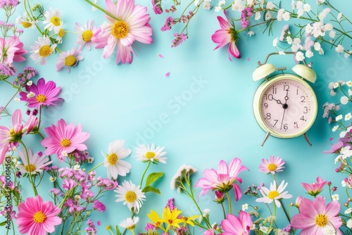 Clock adorned with pink and white flowers on a blue backdrop