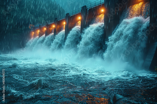 A hydroelectric dam releasing a steady flow of water  generating clean electricity. Concept of hydropower utilization. Generative Ai.