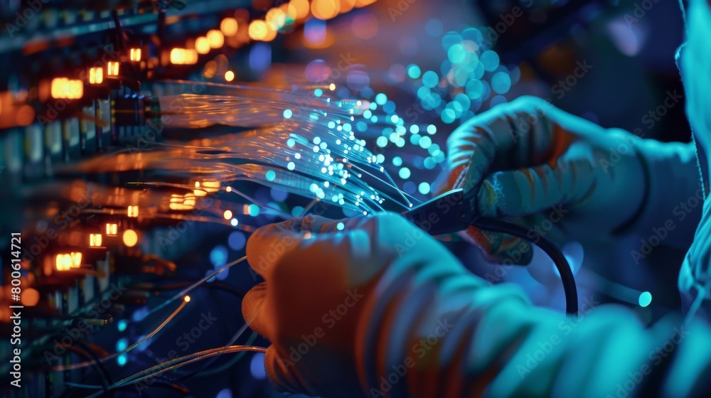 An internet technician carefully opens a fiber optic connector to maintain or repair a fiber optic connection, ensuring seamless connectivity.