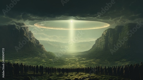 a illustration surrealism crowd surrounding the mysterious alien star ships, Minimalist retro sci-fi art collage
