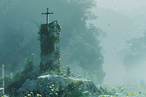 Guardian sword standing vigilant atop a crumbling stone pillar, its vigil eternal. photo