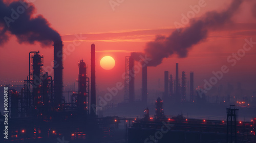 Sunset Embers Glow Behind Industrial Smoke in Urban Silhouette