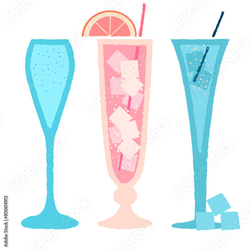 Vector set of flat cocktail glasses. Blue champagne for events. Pink cocktail with grapefruit. Cold drinks for the bar. Carbonated drinks. Illustration with texture. Alcohol liquid in wine glass