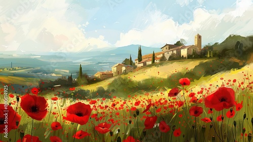 Imagine the idyllic French countryside  where rolling hills are adorned with vibrant fields of blossoming poppies. As far as the eye can see  the landscape is dotted with these fiery red blooms