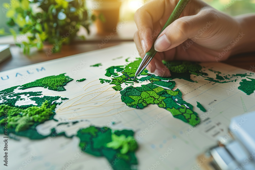 Detailed view of a hand outlining a green supply chain on a paper, with a world map in the background Detailed view of a hand outlining a green supply chain on a paper, with a world map in the background