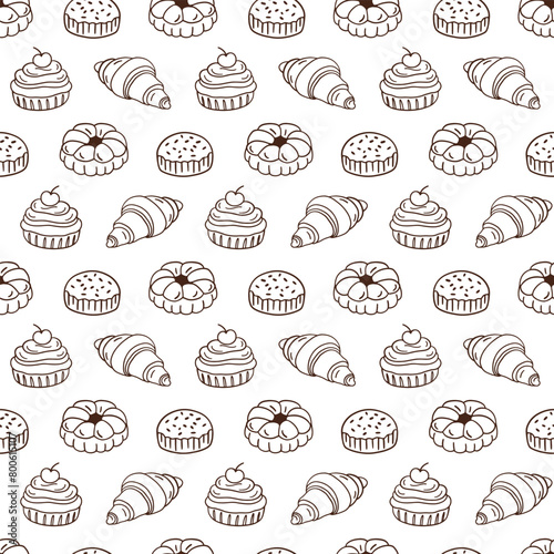 Pastry, sweet bakery seamless pattern cupcakes.