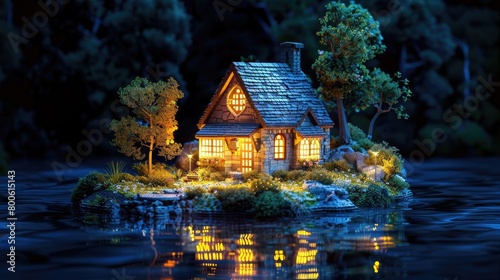 a photo small miniature house in the darkness in the style of fantasy landscapes