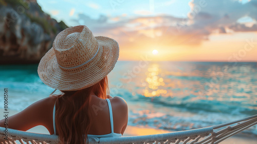 Serene sunset views from a hammock on the beach. Woman relaxes in a hammock, enjoying a breathtaking sunset by the ocean and vacation serenity.