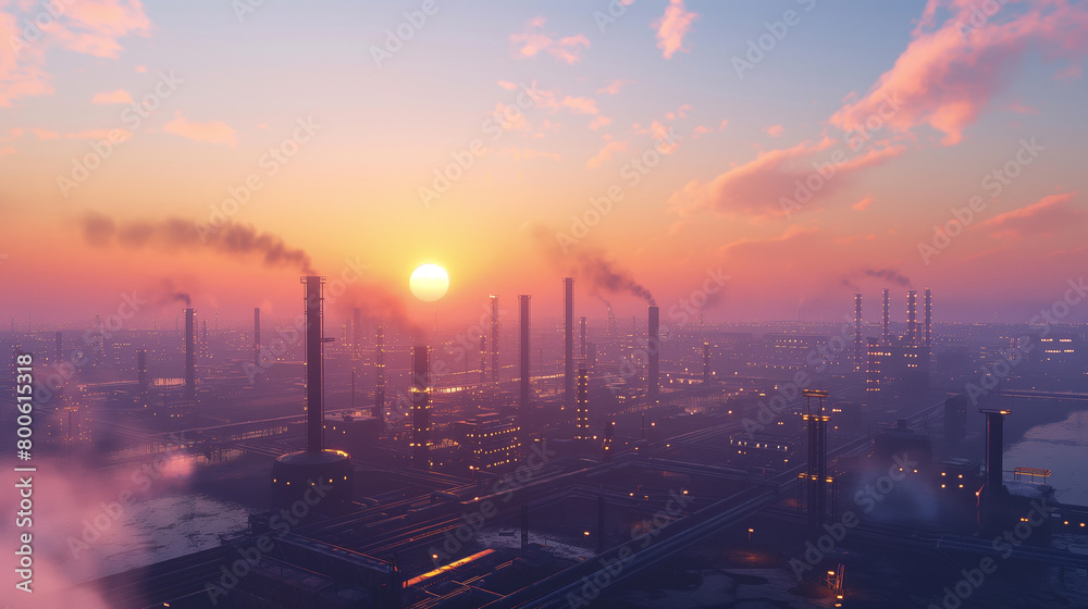 Crimson Sunrise Over Eco-Friendly Industrial Complex Networks