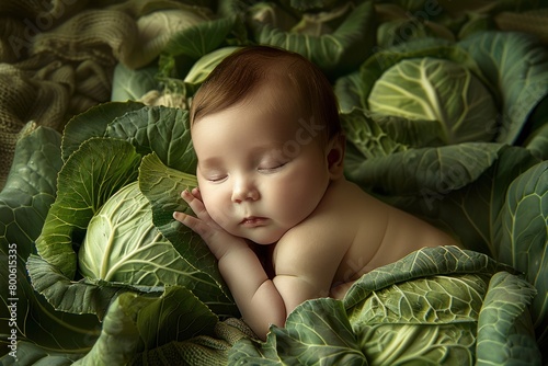 Against the backdrop of bright cabbage foliage, an angelic baby sleeps in an innocent sleep.