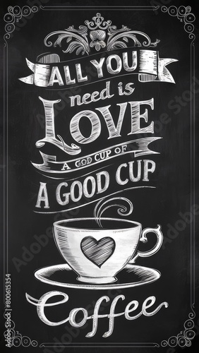 All you need is love and a good cup of coffee’ on the blackboard. coffee menu