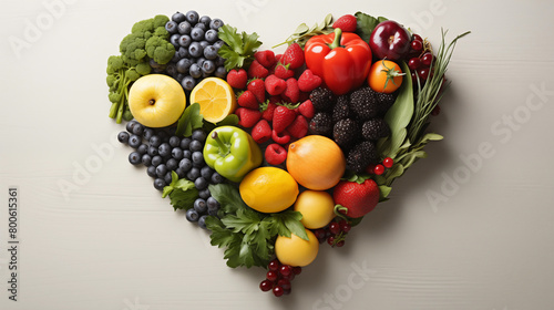 Berries  fruits and vegetables in the shape of  heart on white background with copy space