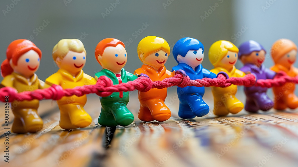 Line of miniature plastic figures engaged in a tug of war match on a wooden surface, reflecting teamwork and competition. The importance of working together towards a common goal. 