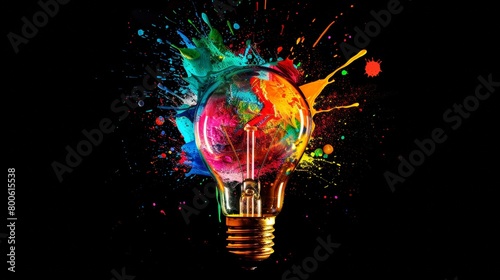 Explore a burst of creativity as a light bulb explodes with colorful paint and splashes against a black background. This concept embodies thinking differently and creative ideas.