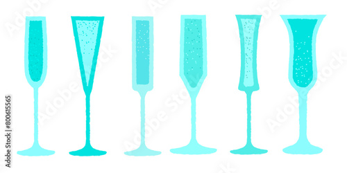 Vector set of flat cocktail glasses. Assorted champagne glasses in blue. Blue champagne for events. Cold drinks for the bar. Carbonated drinks. Illustration with texture. Alcohol liquid in wine glass