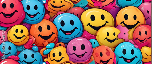 A colorful and cheerful collection of smiley faces in various expressions piled up, representing happiness