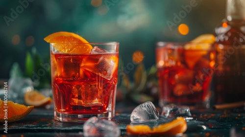 Classic cocktail Negroni with gin, campari and martini rosso. Traditional recipe. Place for writing text