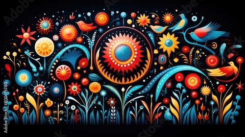 A graphics featuring a colorful circular composition of animals, flowers, and small shapes in the style of irregular organic forms inspired by the traditional oceanic art photo