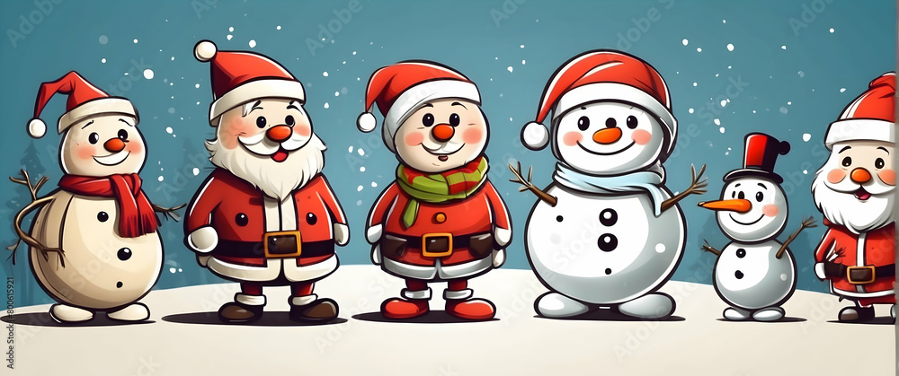 A cheerful wintery scene with variations of Santa Claus and snowmen lined up, evoking holiday joy A cheerful wintery scene with variations of Santa Claus and snowmen lined up, evoking holiday joy