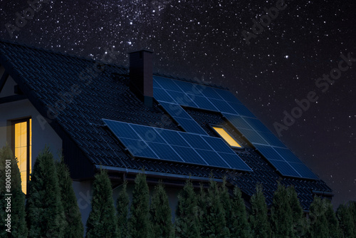 Eco-Friendly House Under Starry Sky. Night.