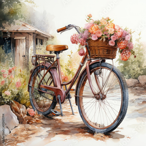 Watercolor painting of a womans bicycle with a basket of flowers and colorful flowers, clipart Illustration, Generative Ai