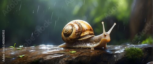 Realistic depiction of a snail slowly moving along a damp log under a gentle rain, perfectly capturing the tranquility of nature