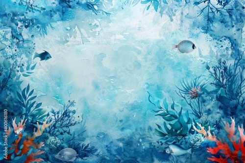 Underwater art depicting an azure coral reef with marine plants and fish