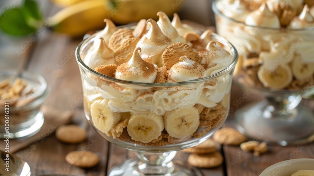 Fresh homemade banana pudding made from scratch for the holidays from above. Layered with wafers and meringue. Selective focus with blurred foreground and background. Fresh homemade banana pudding made from scratch for the holidays from above. Layered with wafers and meringue. Selective focus with blurred foreground and background.