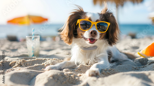 Cirneco dell'Etna Dog Laying on the Beach Sand, Wearing Sunglasses and Enjoying the Seaside Ambiance During Summer photo